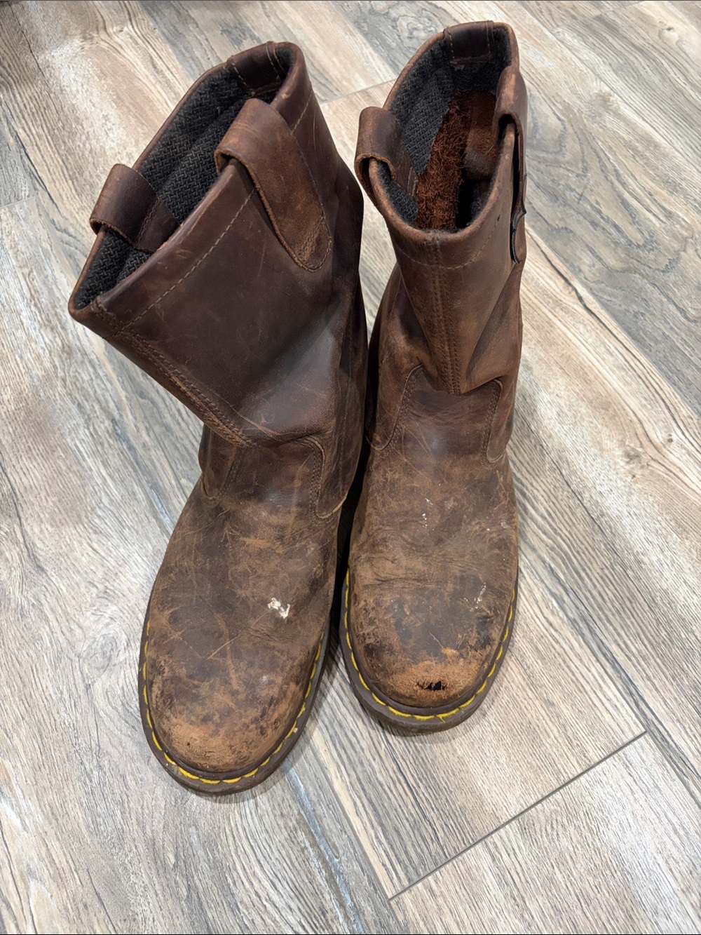 Dr. Martens Brown Leather Pull-On Work Boots with Yellow Stitching